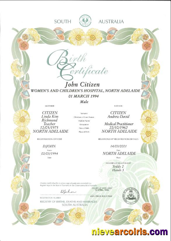 Australian South Australia decorative (commemorative) birth certificate